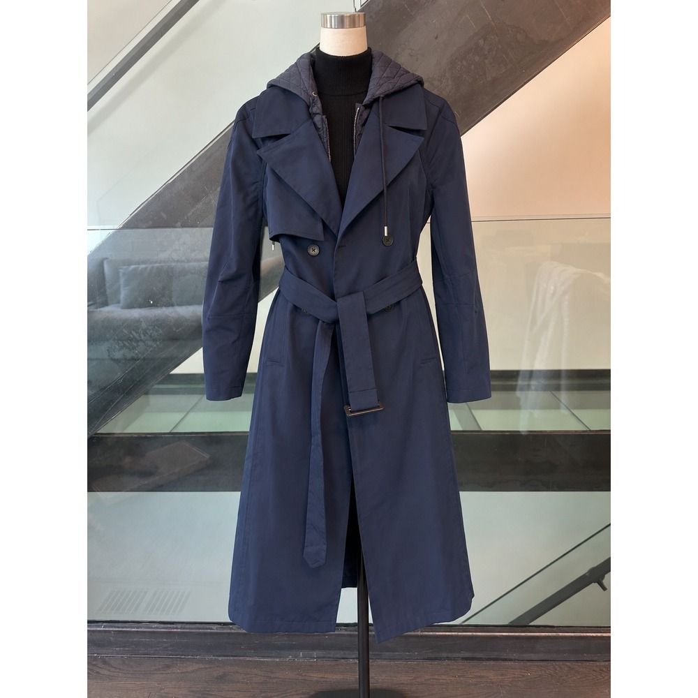 Avec Les Filles Navy Blue Quilted Hooded Bib Trench Coat XS